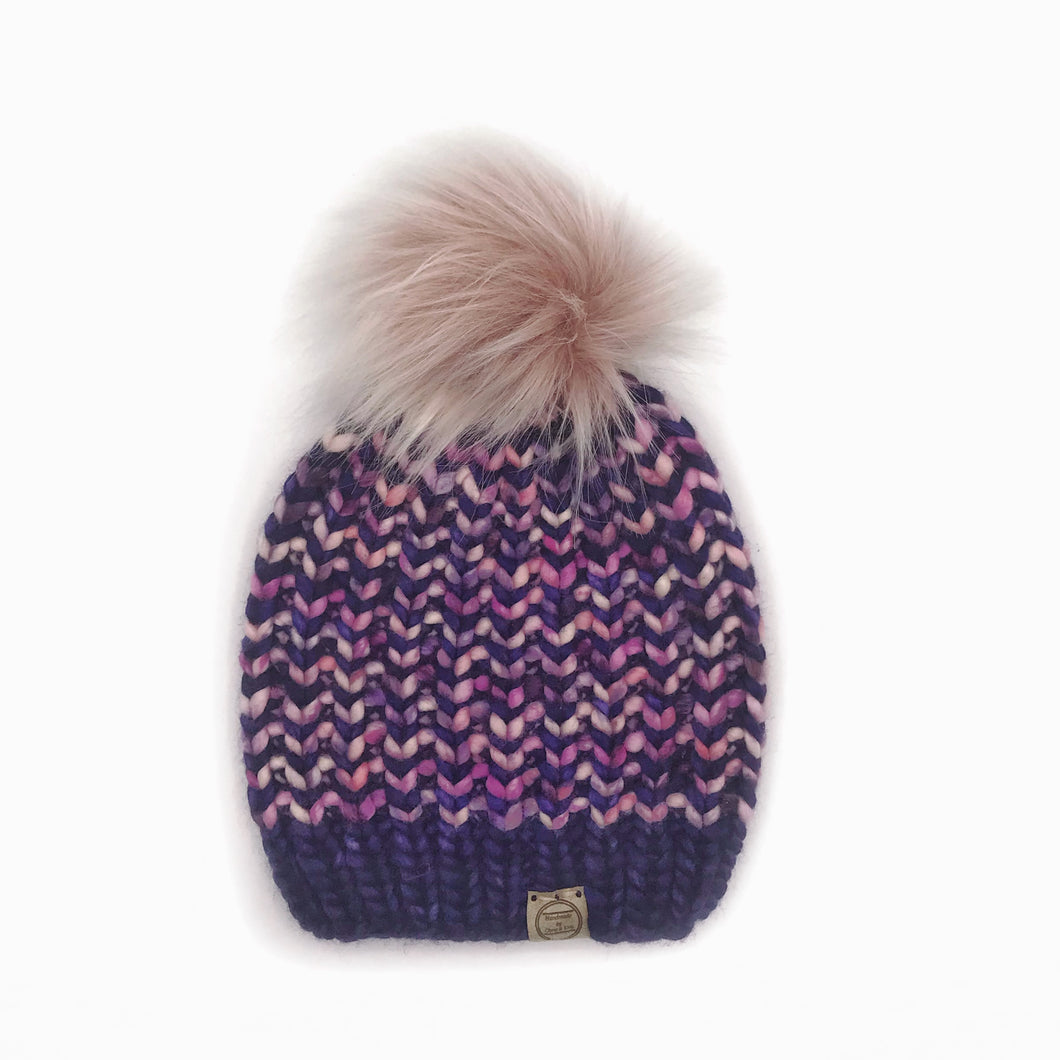 The Luxe River Bend Beanie with Pink Chiffon Pom - Handmade by Chris & Kris