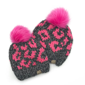 Leopard Beanie in Licorice and Magenta with Faux Fur Pom - Handmade by Chris & Kris