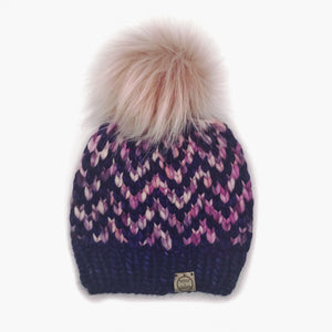 The Luxe Chevron Beanie with Pink Chiffon Pom - Handmade by Chris & Kris