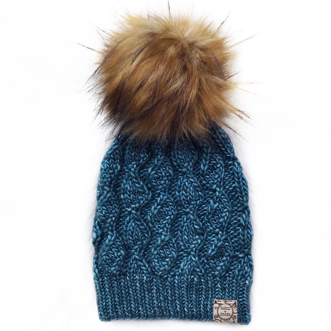 The Luxe Ribbon Beanie in Green Gray with Silver Fox Pom - Handmade by Chris & Kris