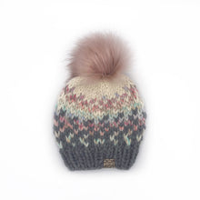 Load image into Gallery viewer, The Sunrise Beanie in Oxford Grey, Carousel and Cream with a Blossom Pom - Handmade by Chris &amp; Kris
