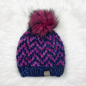 The Luxe Chevron Beanie with Magenta Pom - Handmade by Chris & Kris