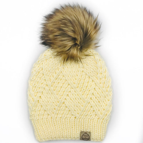 The Kismet Beanie in Alabaster with Kodiak Pom - Handmade by Chris & Kris