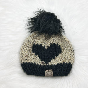 The Big Heart Beanie in Black and Oatmeal with Rocky Onyx Pom - Handmade by Chris & Kris