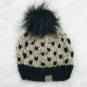 The Mini Heart Beanie in Black and Oatmeal with Onyx Pom - Handmade by Chris & Kris