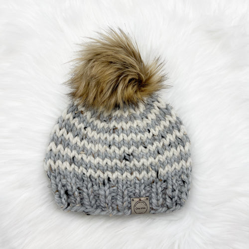The Striped Beanie in Grey Marble and Cream with Kodiak Pom - Handmade by Chris & Kris