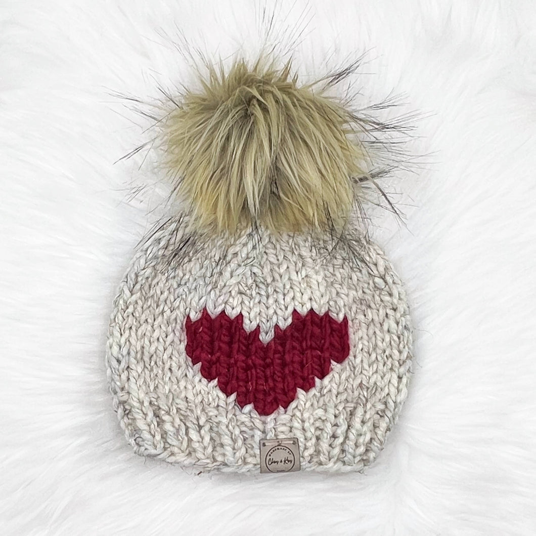 The Big Heart Beanie in Wheat with Red Heart - Handmade by Chris & Kris