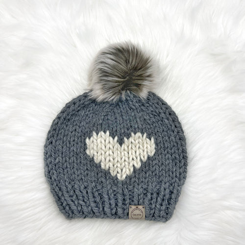 The Big Heart Beanie in Oxford Grey with Cream Heart - Handmade by Chris & Kris