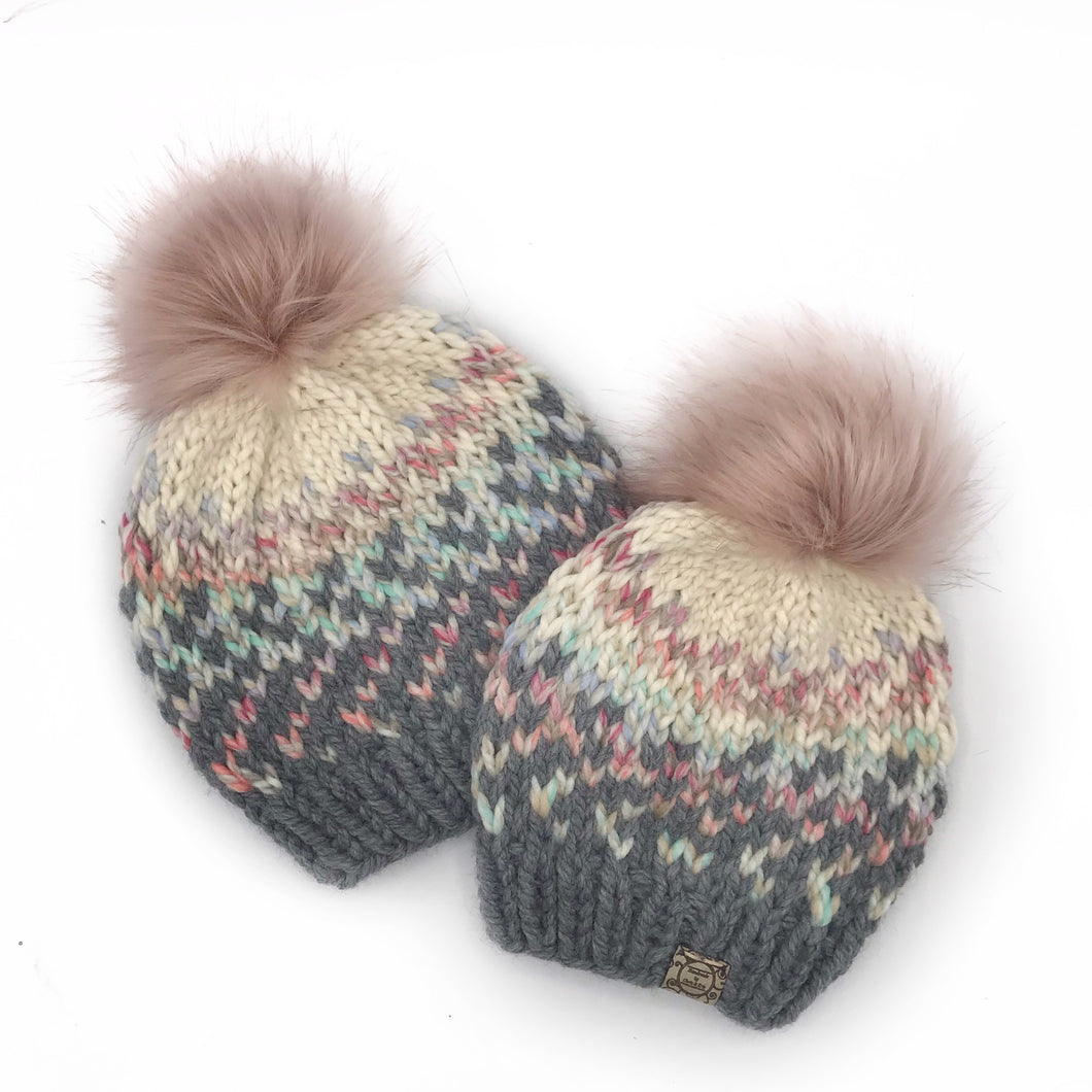 The Sunrise Beanie in Oxford Grey, Carousel and Cream with a Blossom Pom - Handmade by Chris & Kris