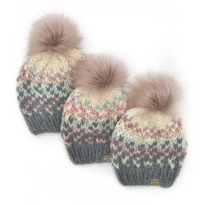 The Sunrise Beanie in Oxford Grey, Carousel and Cream with a Blossom Pom - Handmade by Chris & Kris