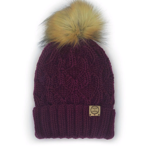 The Luxe Fold Up Hexa Beanie in Wine with Cinnamon Pom - Handmade by Chris & Kris