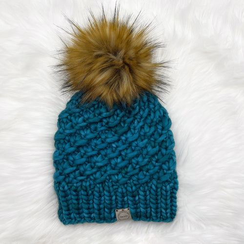 The Luxe Teghan Beanie in Teal Feather with Cinnamon Pom - Handmade by Chris & Kris