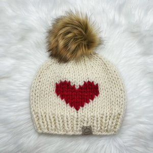 The Big Heart Beanie in Cream and Red with Kodiak Pom - Handmade by Chris & Kris