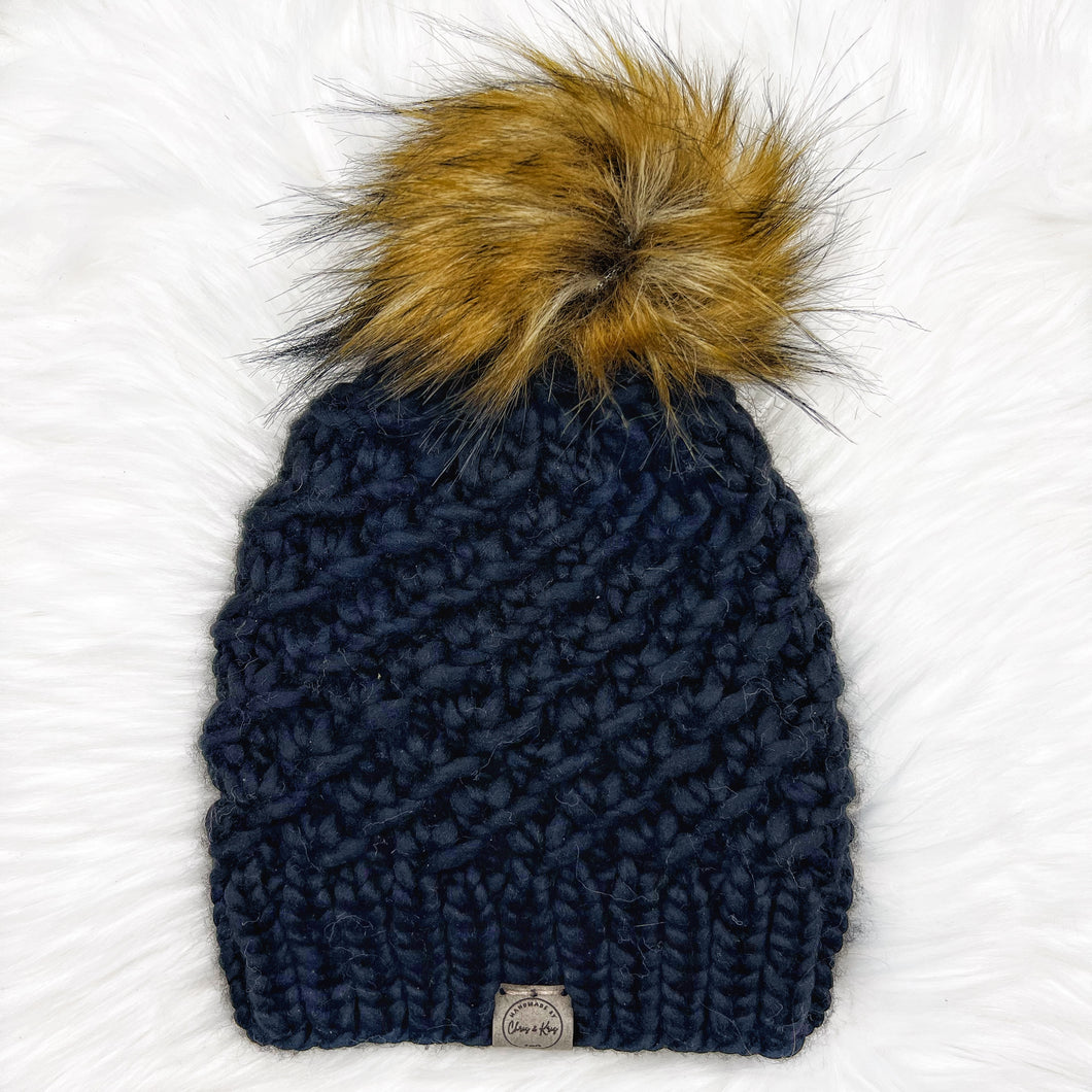 The Luxe Teghan Beanie in Black with Cinnamon Pom - Handmade by Chris & Kris