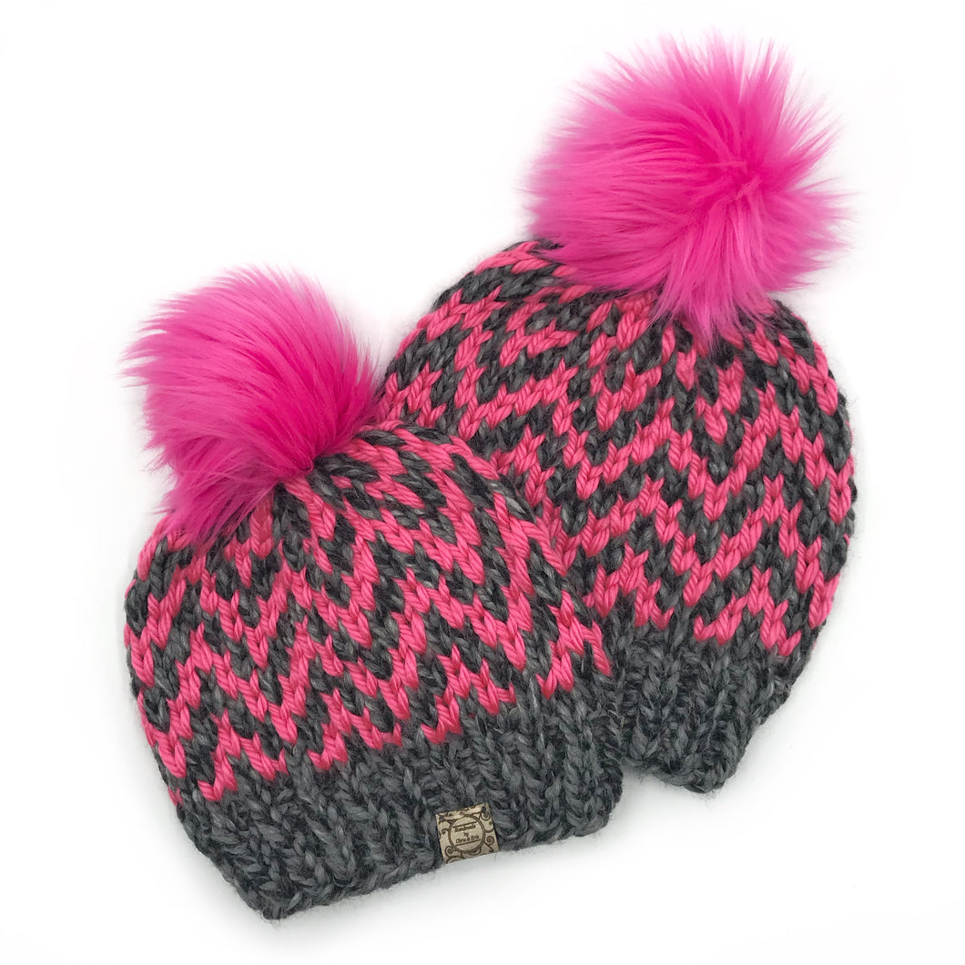 Chevron Beanie in Licorice and Magenta with Faux Fur Pom - Handmade by Chris & Kris