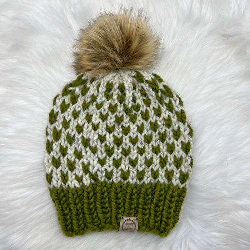 The Slouchy Mini Heart Beanie in Wheat and Cilantro with Cinnamon Pom - Handmade by Chris & Kris