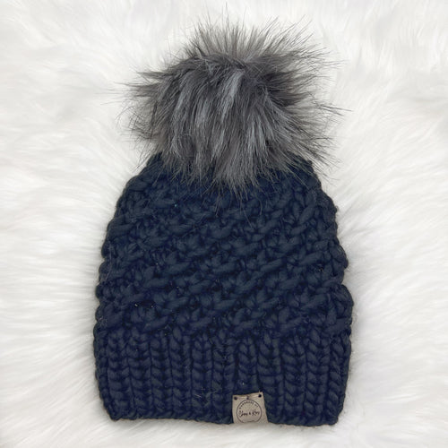 The Luxe Teghan Beanie in Black with Dusk Pom - Handmade by Chris & Kris