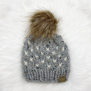 The Mini Heart Beanie in Grey Marble with Cream Hearts - Handmade by Chris & Kris