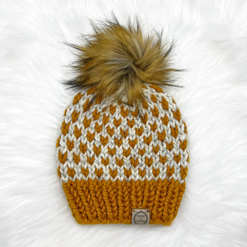 The Slouchy Mini Heart Beanie in Wheat and Butterscotch with Cinnamon Pom - Handmade by Chris & Kris